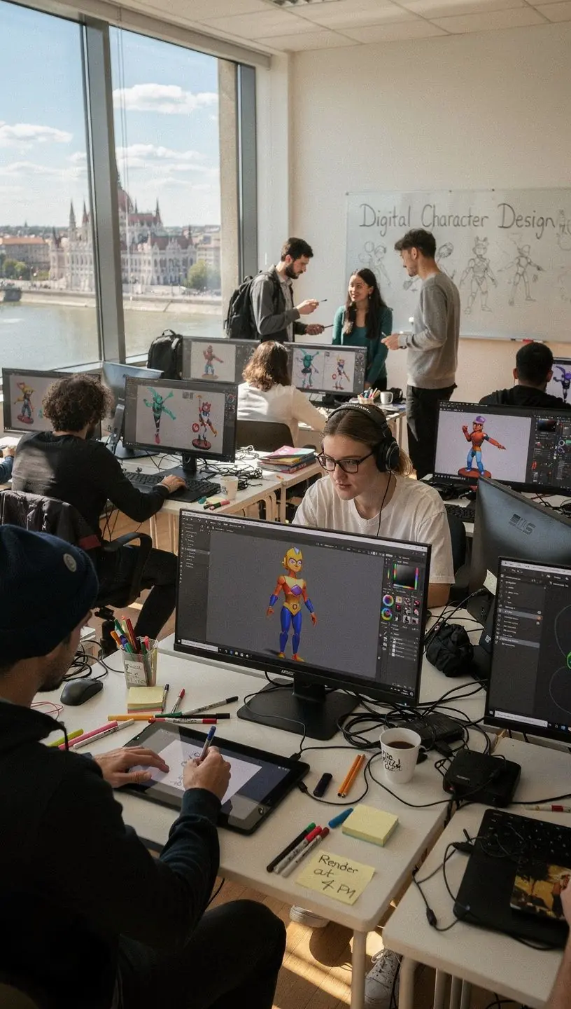 3D karaktermodellezés folyamata, ahol a diákok különböző szoftvereket használnak.