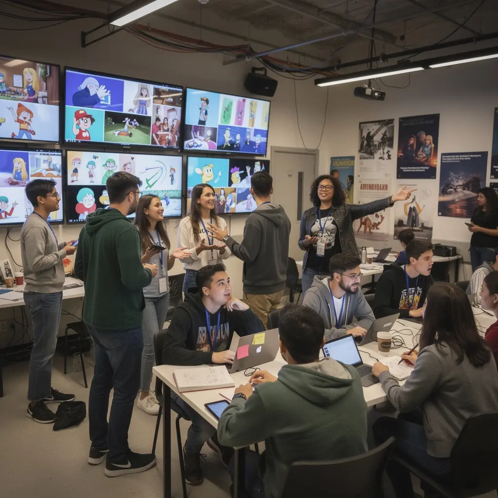 A diákok csoportban tanulnak a riggelés és renderelés technikáiról.